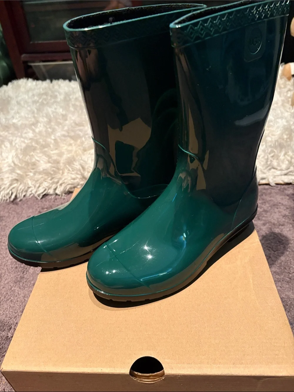 UGG Women's Deep Teal Glossy Waterproof Rain Boots
